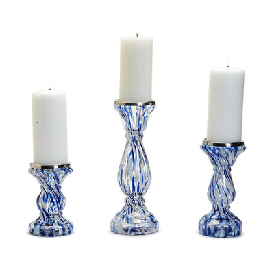White and Blue Swirled Pedestal Pillar Candleholders - Various Sizes