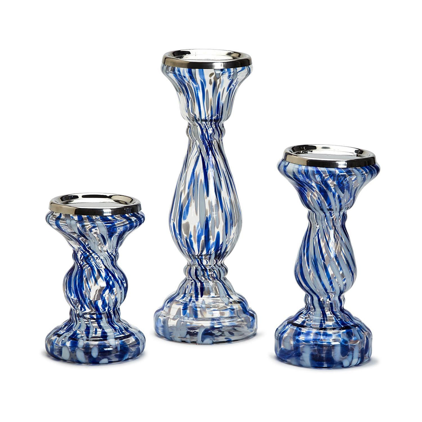 White and Blue Swirled Pedestal Pillar Candleholders - Various Sizes