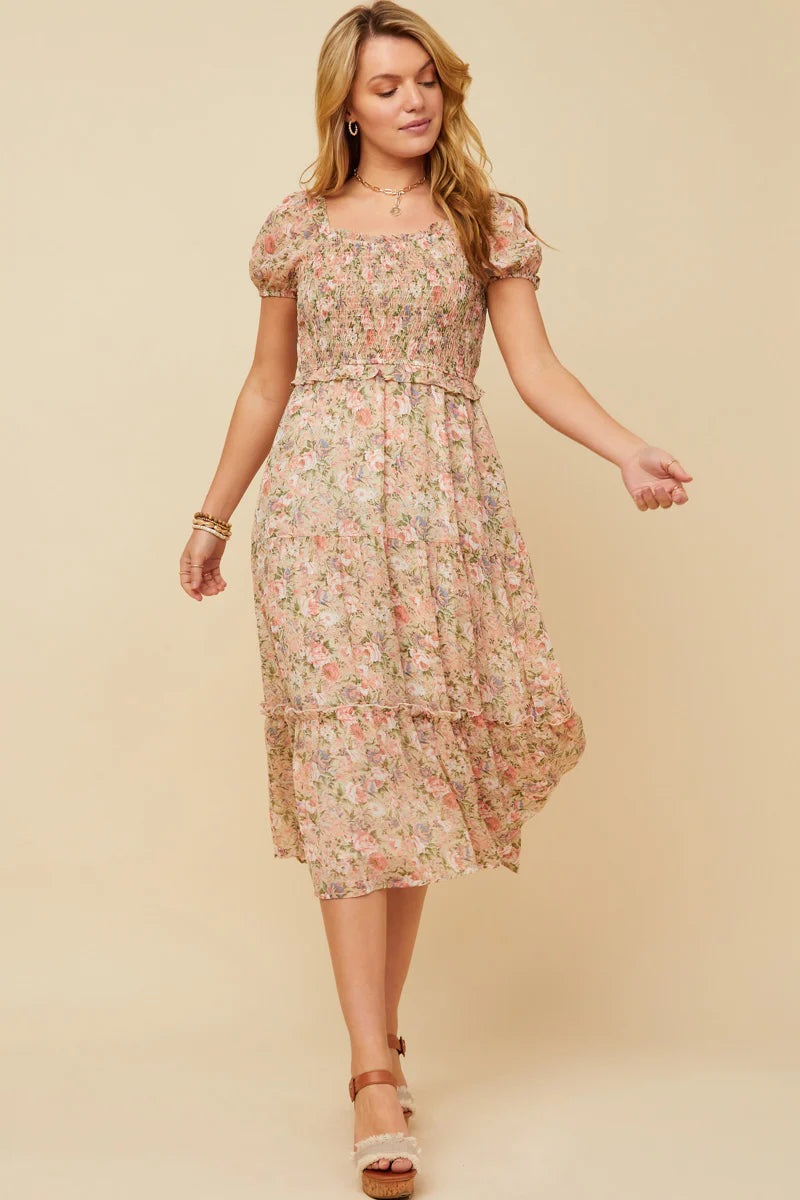 Romantic Floral Puff Sleeve Smocked Midi Dress