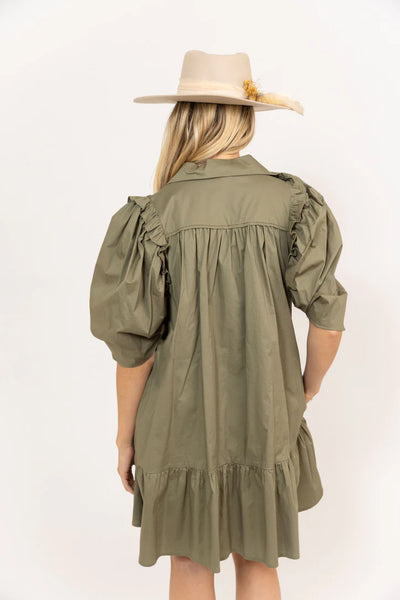 Solid Button Puff Sleeve Ruffle Dress