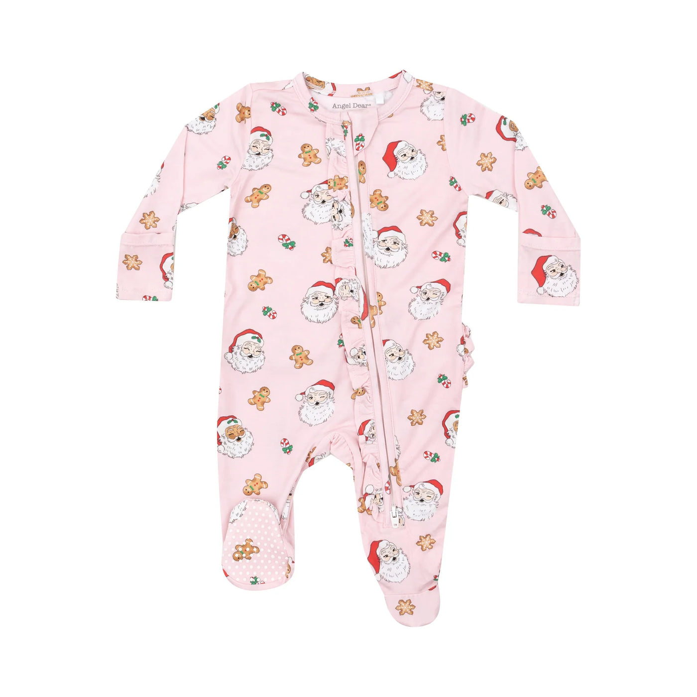 Angel Dear-2 Way Ruffle Zipper Footie - Vintage Santas Pink