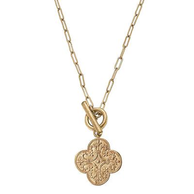 CANVAS Style x MaryCatherineStudio French Quatrefoil T-Bar Necklace in Worn Gold