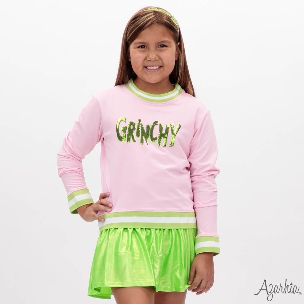 Grinchy in Sequin on Pink Crew Sweatshirt