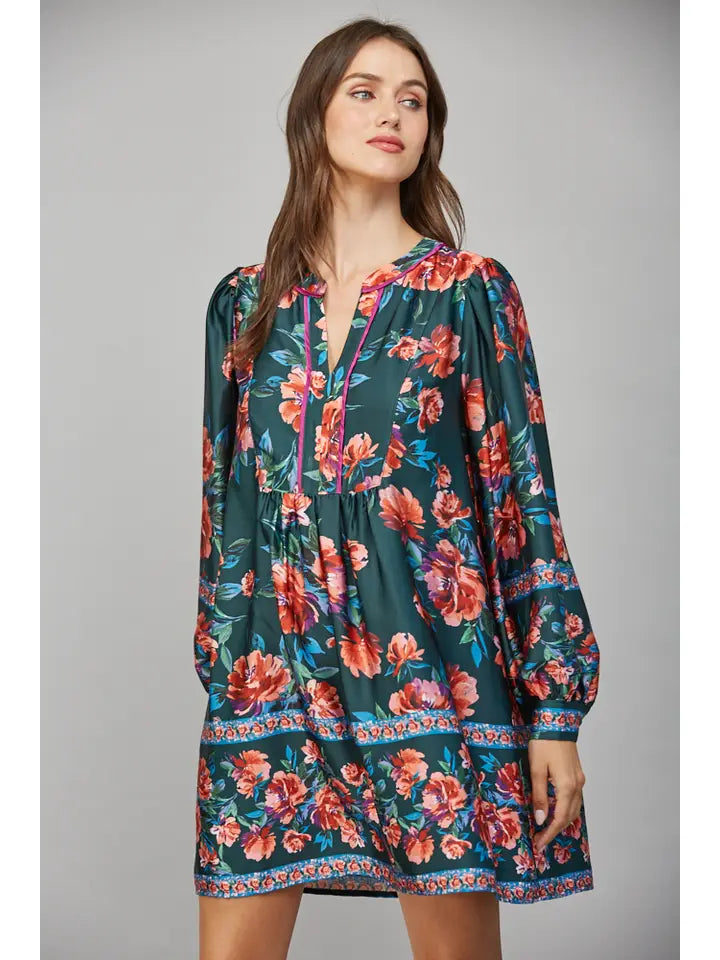 Print Mini Dress V-Neck Border