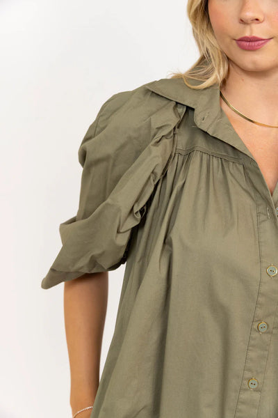Solid Button Puff Sleeve Ruffle Dress