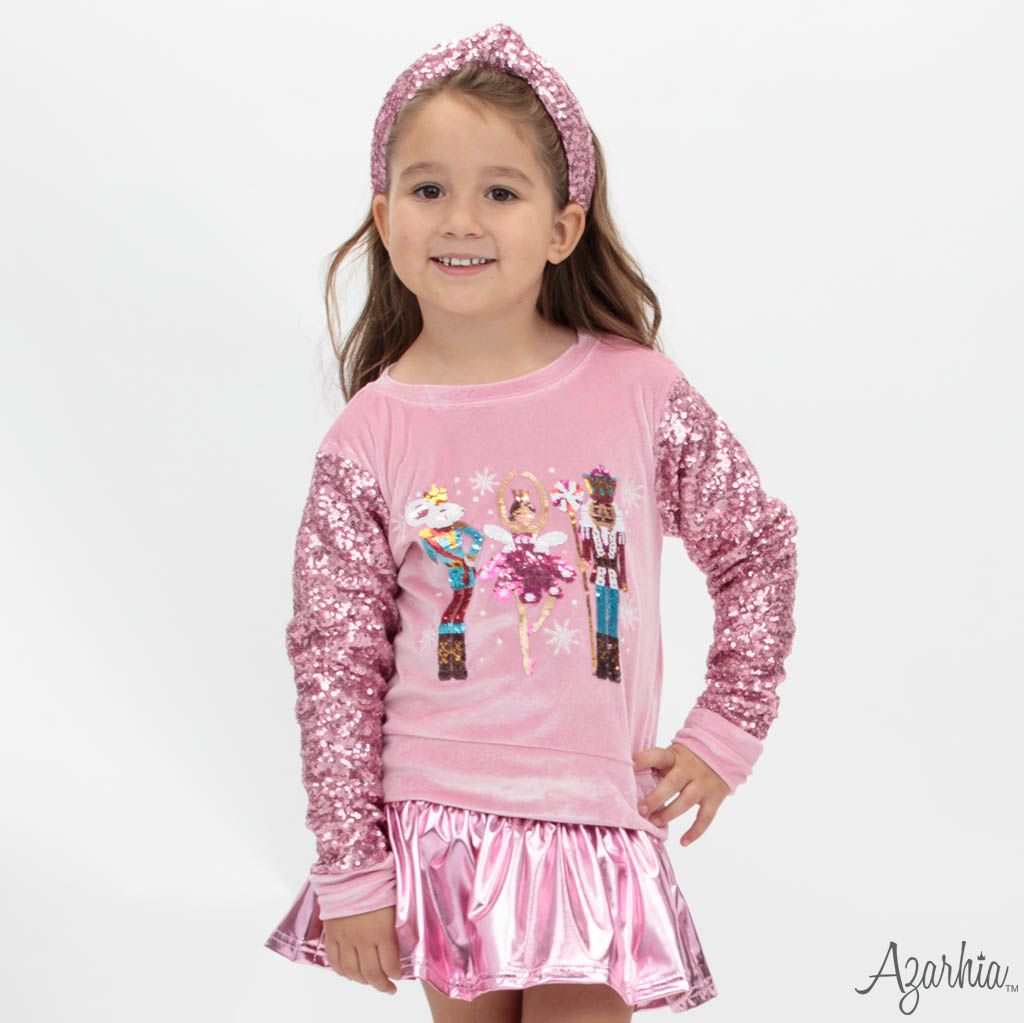 Nutcracker Christmas Sequin Sleeve on Pink Velvet Sweatshirt