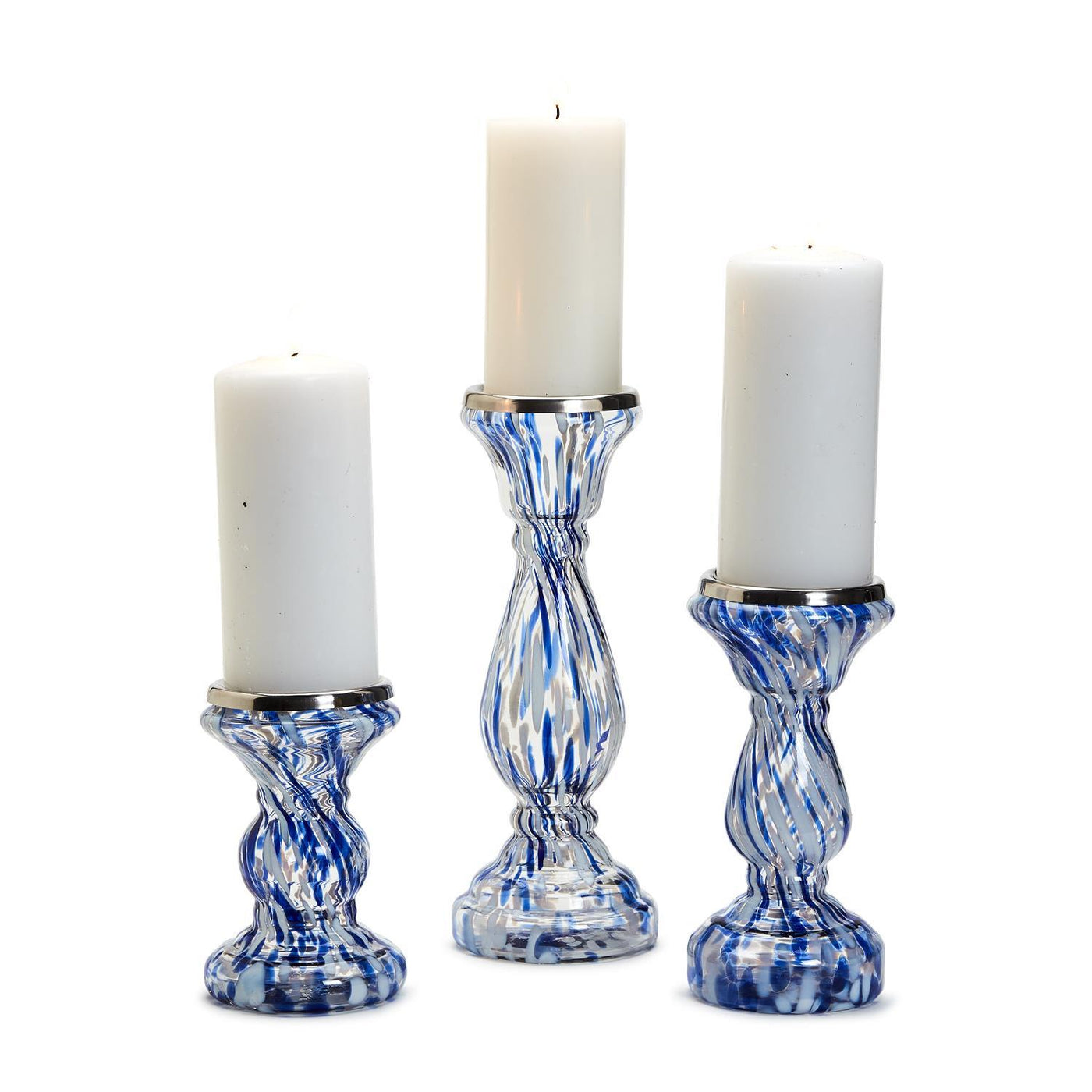 White and Blue Swirled Pedestal Pillar Candleholders - Various Sizes
