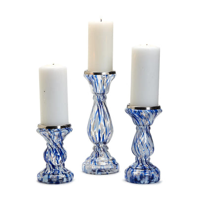 White and Blue Swirled Pedestal Pillar Candleholders - Various Sizes