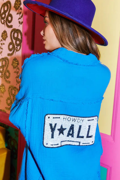 Cotton Gauze Oversized Button Down W/ Y'all License Plate