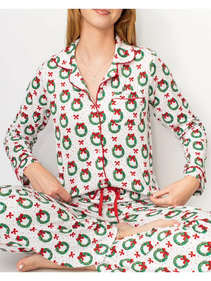 Clara Wreath Long Sleeve Button Up Sleep Shirt