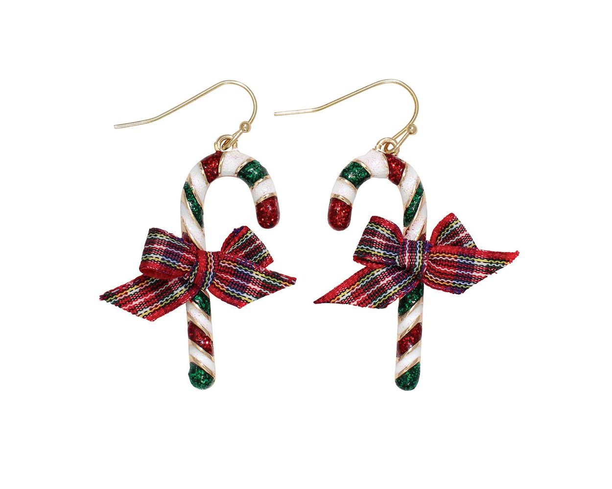 Glittery Candy Canes W/ Plaid Bow Earrings