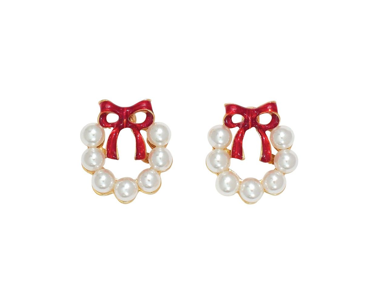 Pearl Wreath W/ Red Bow Earrings