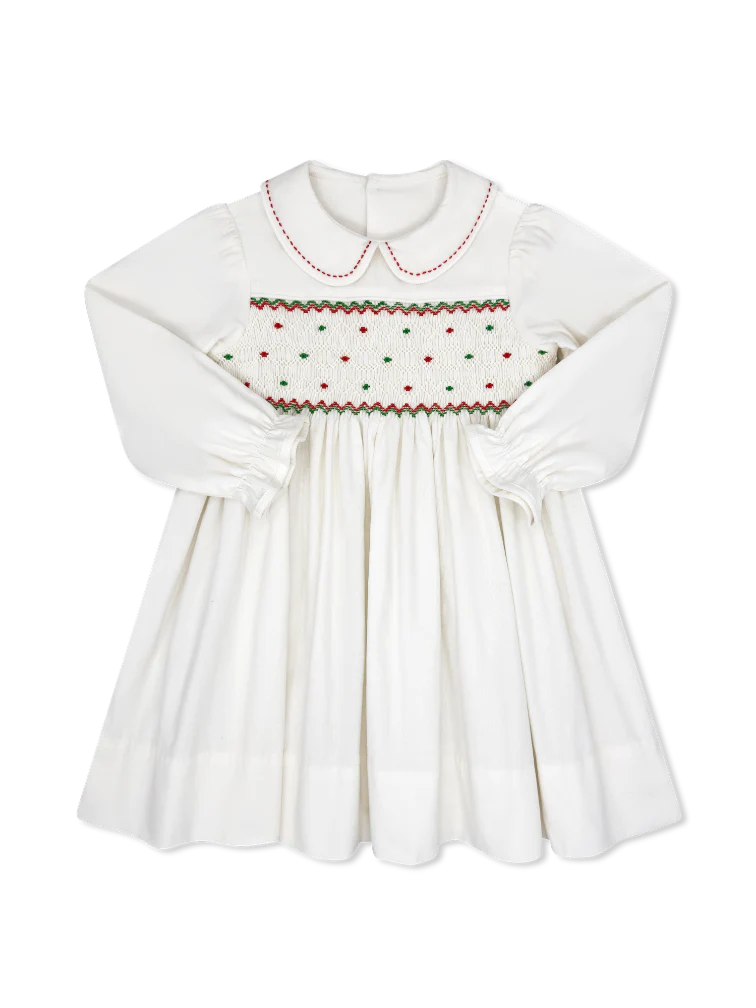 Lullaby Set- Clara Dress Long Sleeve Dreamy White Corduroy, Red and Green Smocking