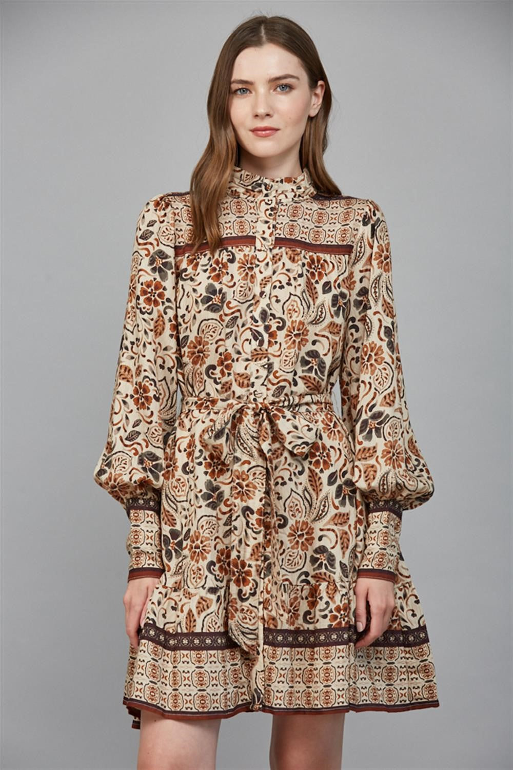 Tiered Mini Dress with Pintuck Neckband