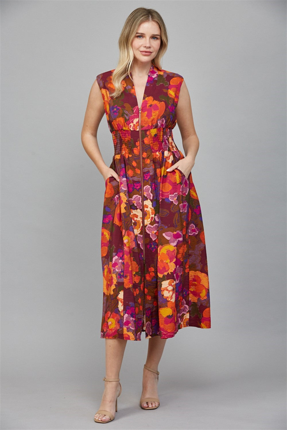 Front Zip Closure Print Midi Dress