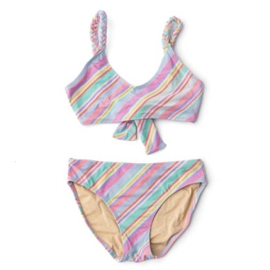 Shimmer Tie Back Two Piece Swimsuit- Diagonal Stripe