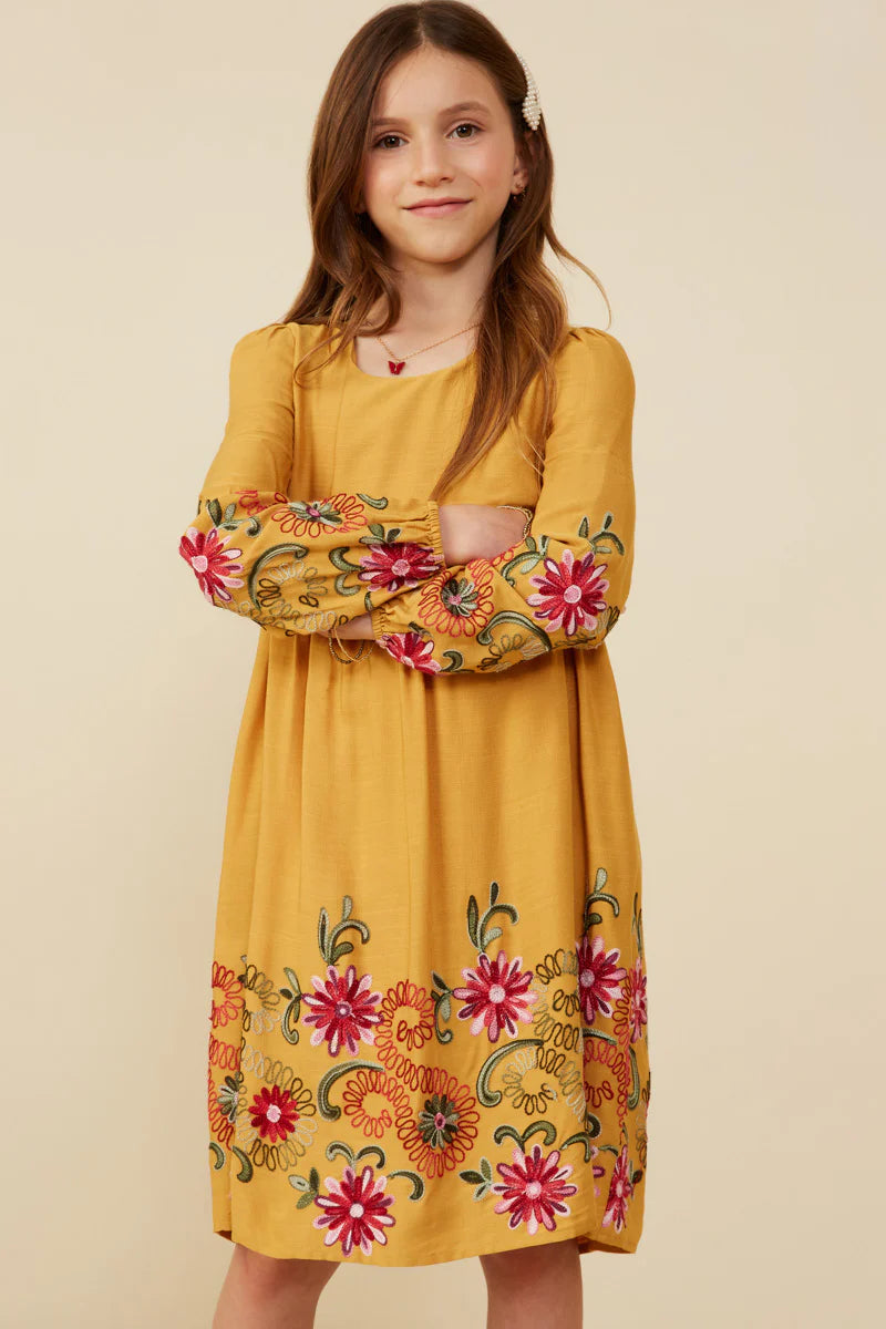 Girls Embroidered Detail Long Sleeve Scoop Neck Dress