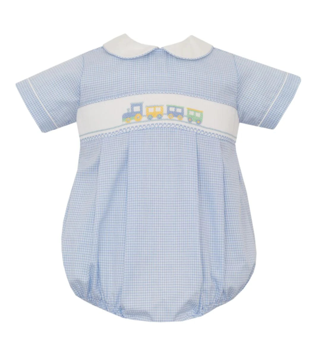 Light Blue Gingham Train Boys Bubble | Crown and Iris