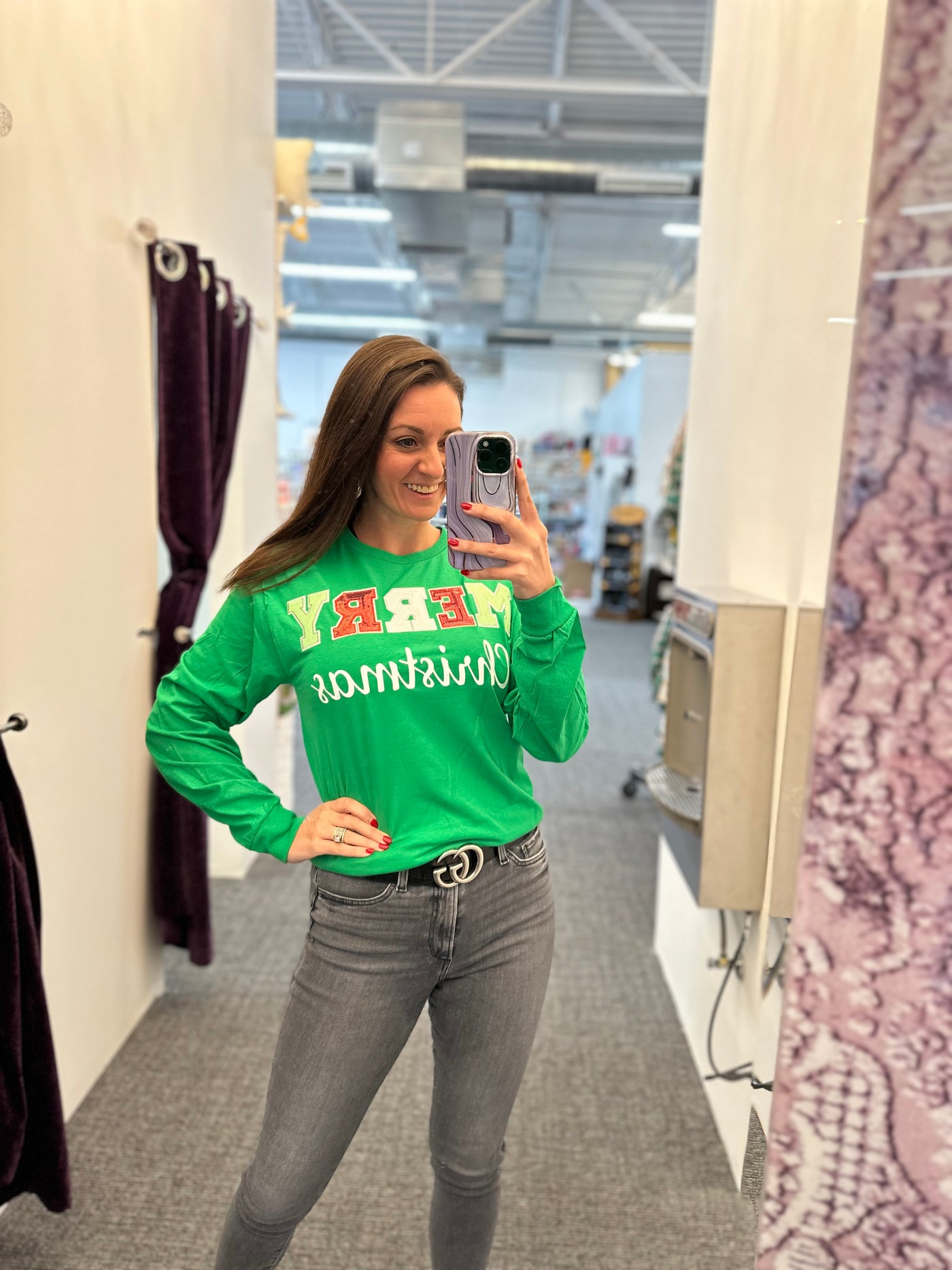 Green Merry Christmas Youth Sequin LS Tee