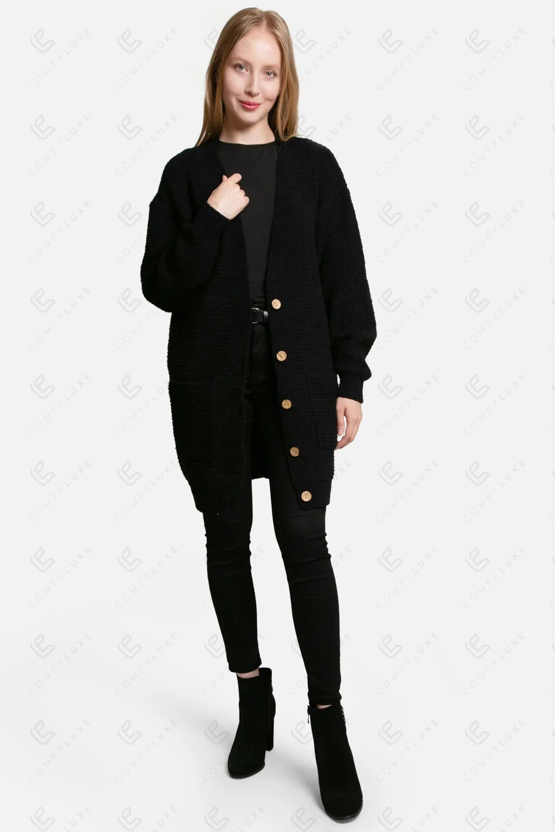 Solid Black Cardigan w/ Button & Pockets- One Size
