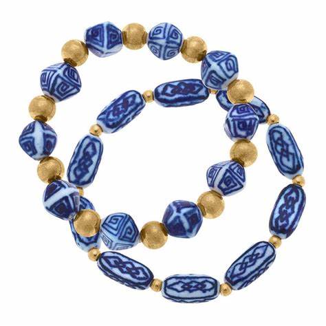 Katherine Chinoiserie and Ball Bead Bracelet in Blue and White