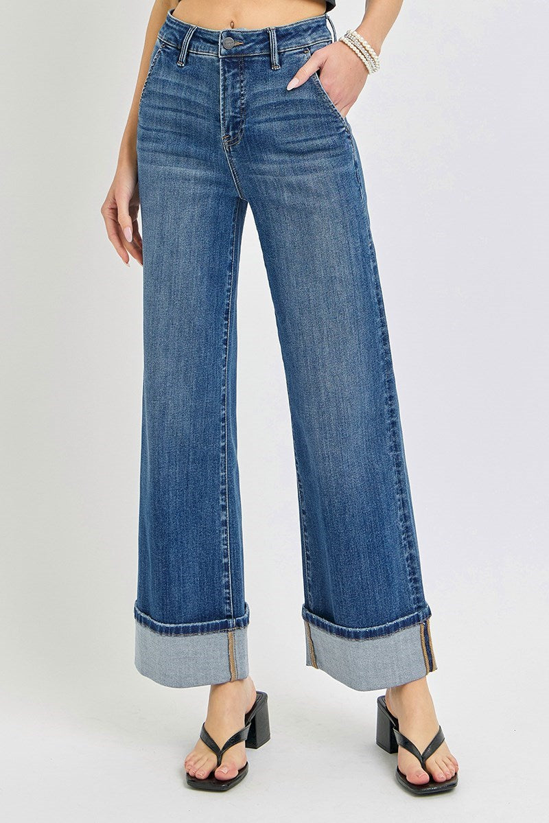 TUMMY CONTROL HIGH RISE ANKLE WIDE CUFFED JEANS