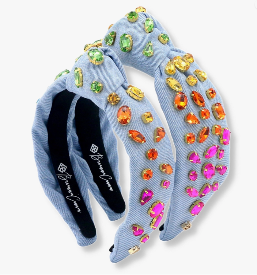 Child Size Denim Headband with Rainbow Gradient Hand-Sewn Crystals