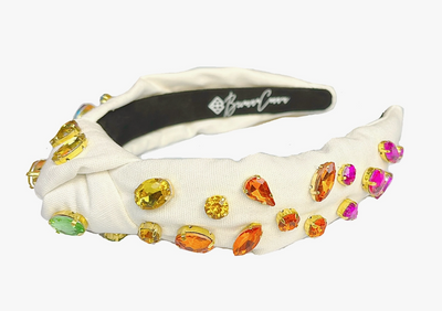 Child Size Ivory Headband with Rainbow Gradient Hand-Sewn Crystals