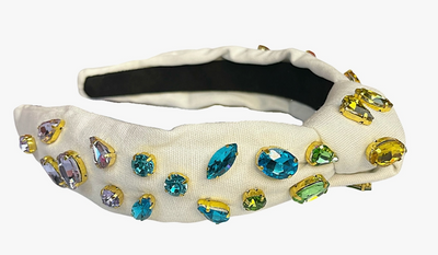Child Size Ivory Headband with Rainbow Gradient Hand-Sewn Crystals