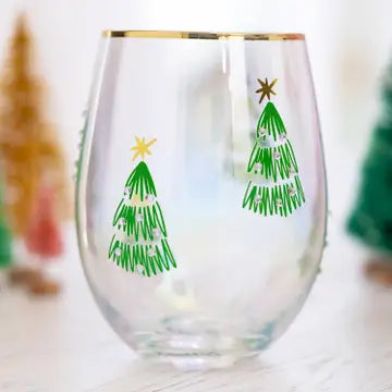 Mary Square- Stemless Wine Glass- Small Green Trees