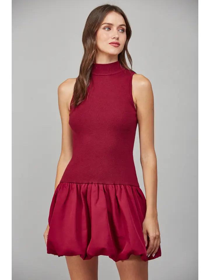 Bubble Skirt Fitted Bodice Mock Neck Sweater Dress