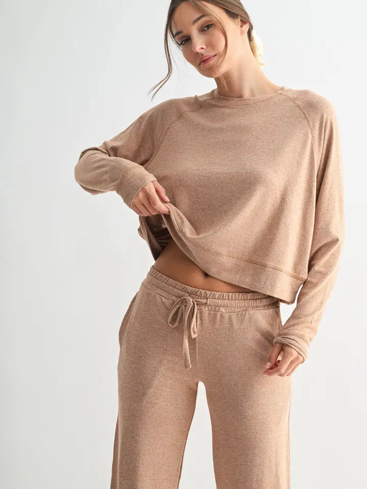 Brushed Hacci Lounge Long Sleeve Pullover- Burnt Amber