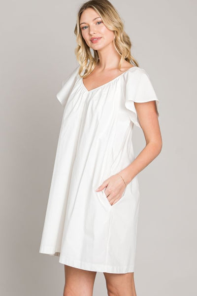 Light Poplin V-Neck Flutter Sleeve Dress