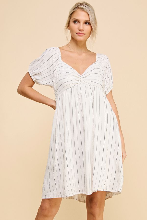 Twist Front Stripe Linen Babydoll Dress