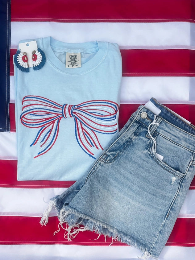 Red White and Ble Embroidered Bow Tee