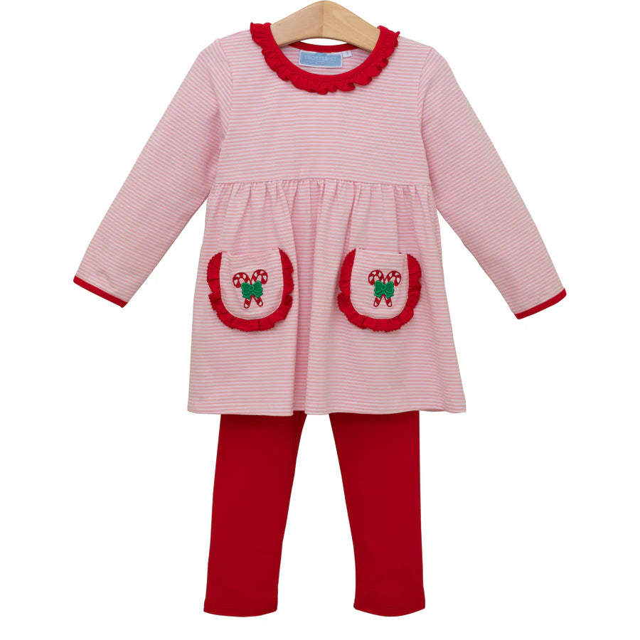 TSK- Candy Cane Embroidery Ruffle Pants Set