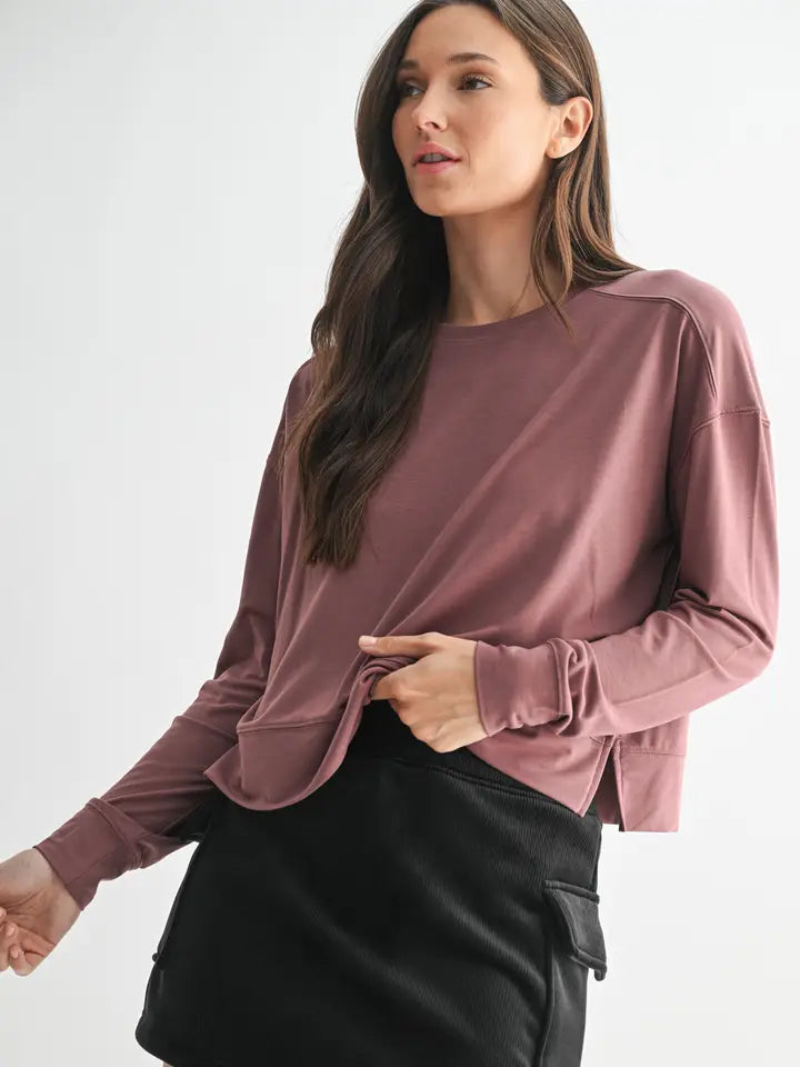 Easy Edge Boxy Long Sleeve Top- Rose Taupe
