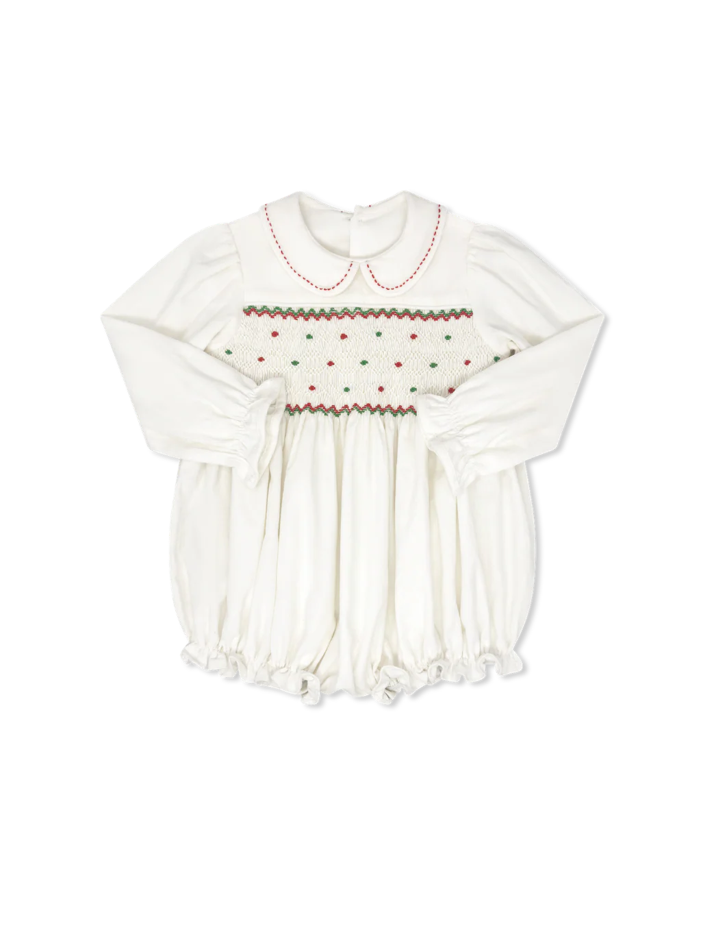 Lullaby Set- Clara Bubble Long Sleeve Dreamy White Corduroy, Red and Green Smocking