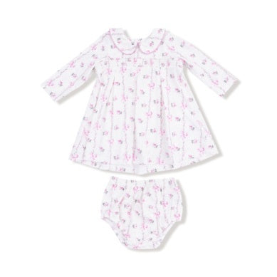 Angel Dear- L/s Peter Pan Collar Dress W/ Smocking + Diaper Cover- Dainty Buds and Bows Stripe