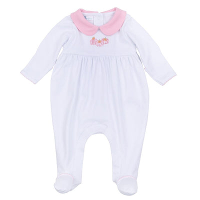 Magnolia Baby- Precious Pumpkins Embroidered Ruffle Footie- Pink