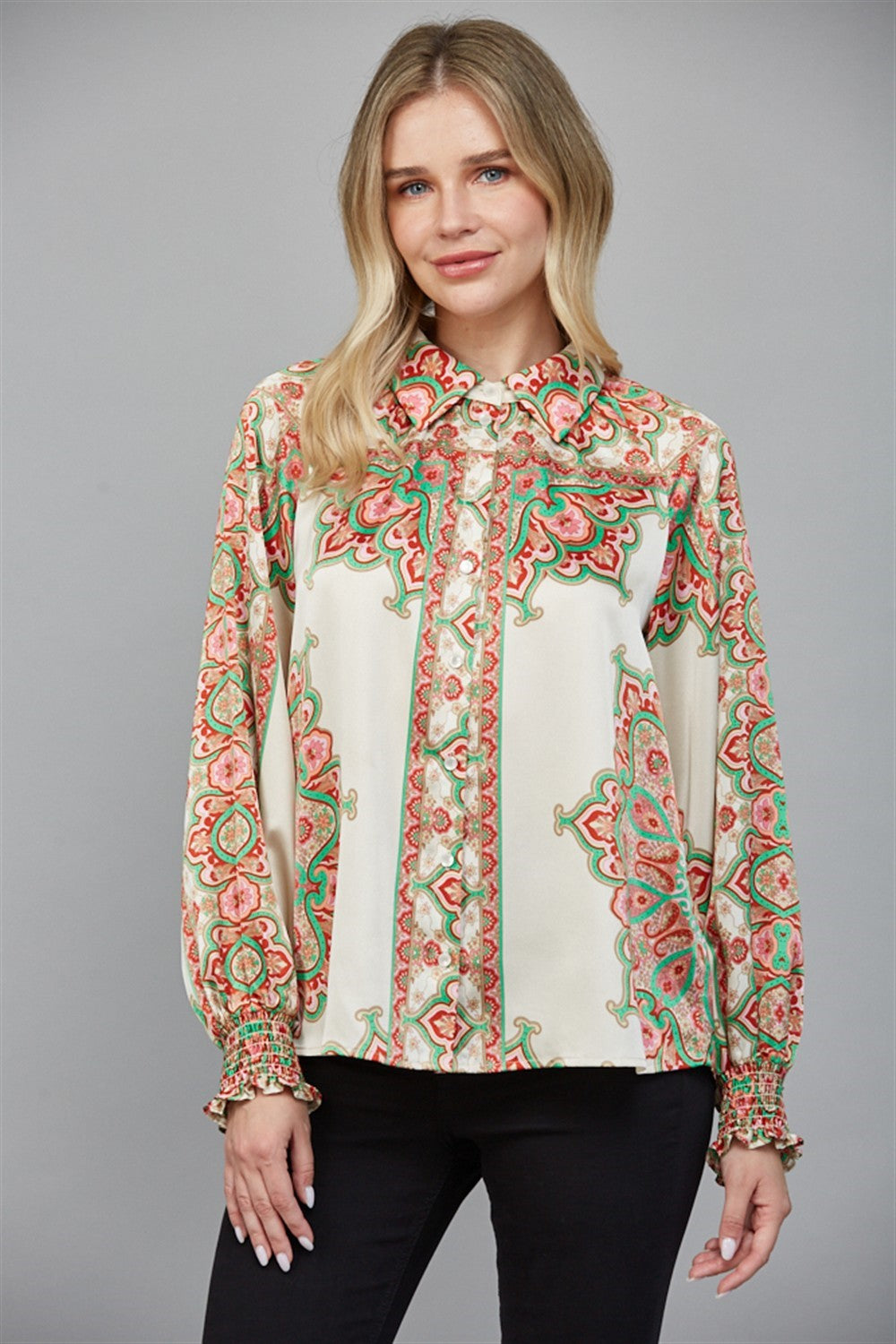 Abstract Border Print Button Down Blouse