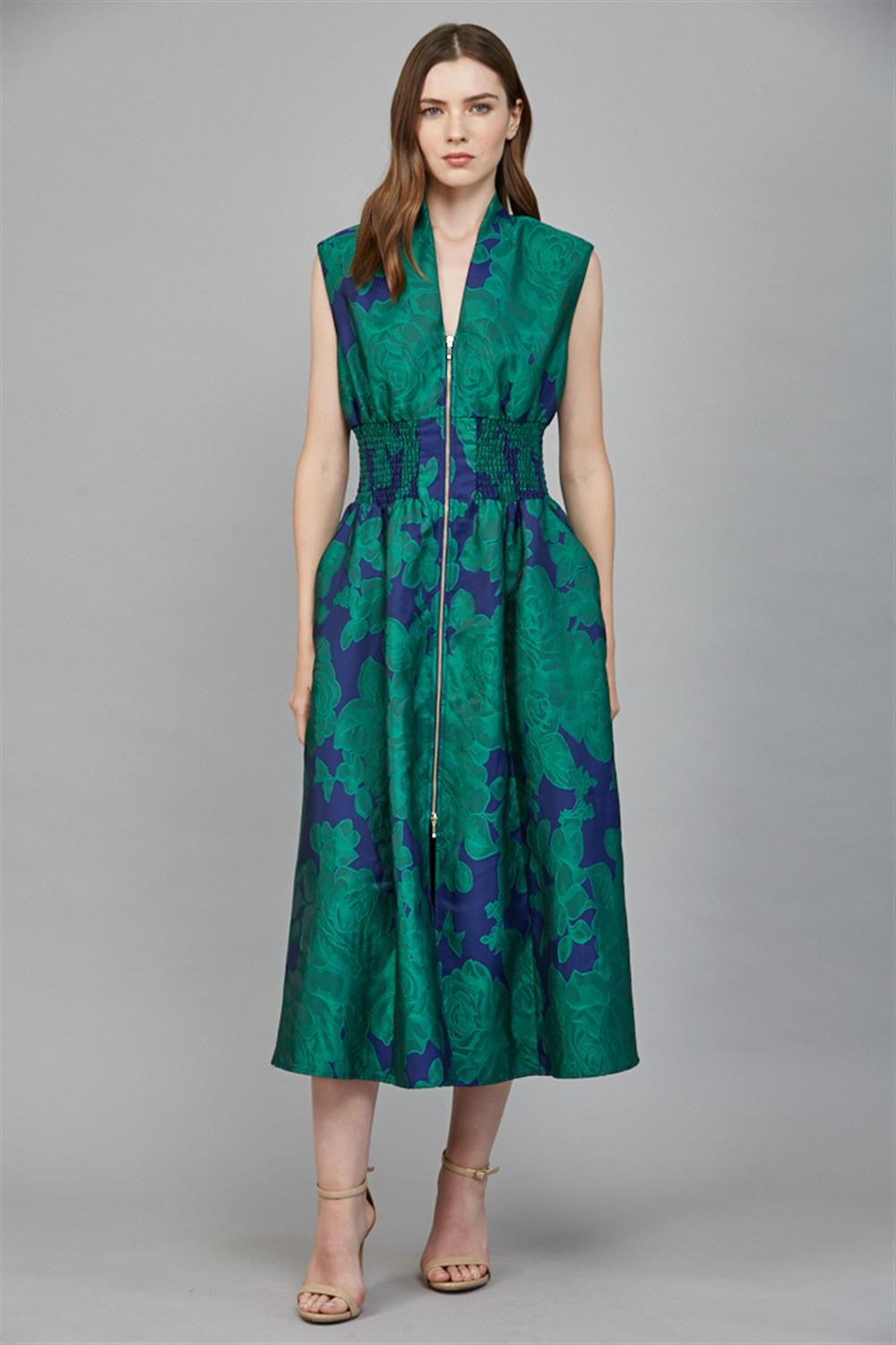 Bold Floral Pattern Jacquard Fabric Front Zip Close