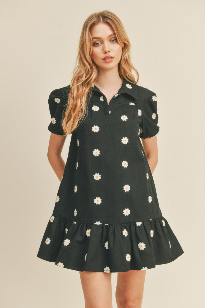 Daisy Floral Collar Dress -Black