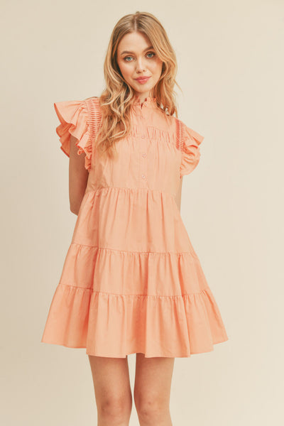 Pintucked Tiered Short Dress -Papaya