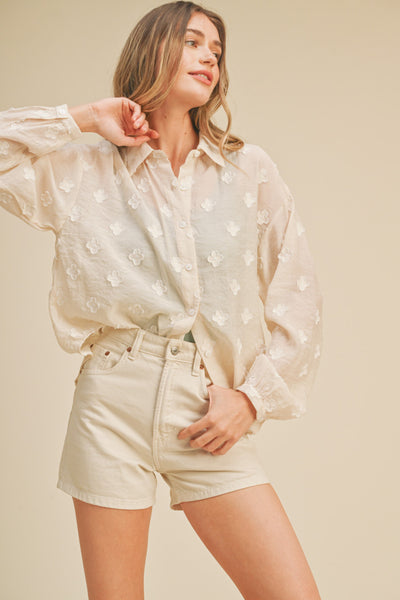 Floral Jacquard LS Button Down- Off White