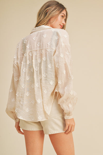 Floral Jacquard LS Button Down- Off White