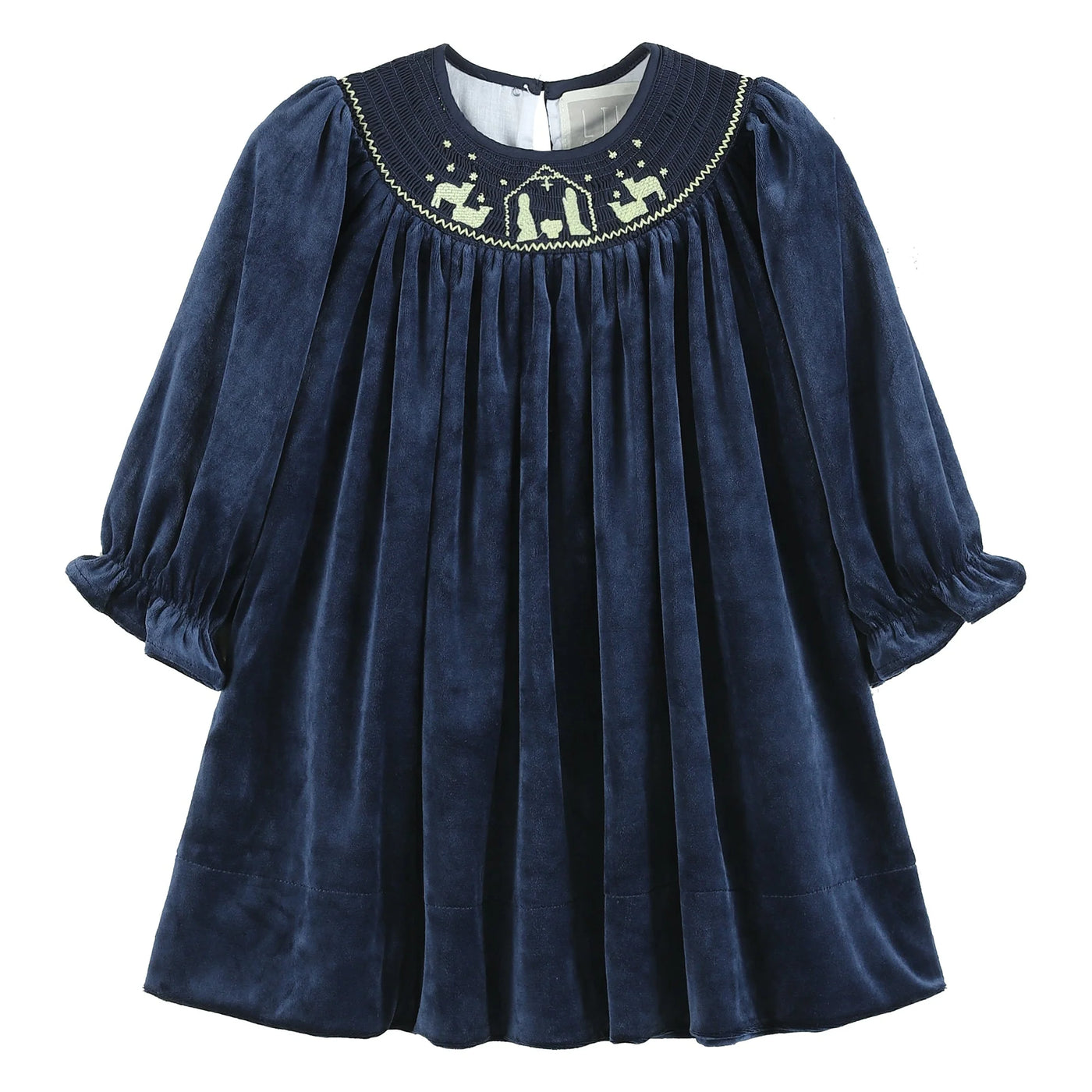 Lil Cactus- Navy Blue Velvet Gold Nativity Smocked Bishop Dress