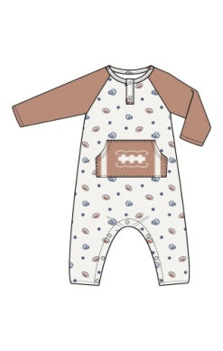 Angel Dear- L/s Raglan Henley Romper and Kanga Pocket- Footballs and Stars