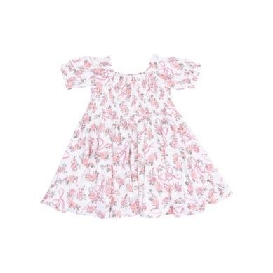 Angel Dear- Puff Sleeve Smocked Dress and Diaper Cover- Ribbons and Flowers