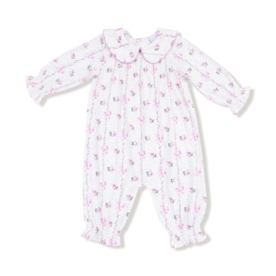 Angel Dear- Smocked L/s Romper W/ Peter Pan Collar- Dainty Buds and Bows Stripe